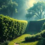 Zöld sövény egy csendes kertben a hajnali fényben.