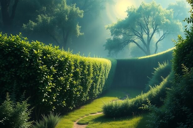 Zöld sövény egy csendes kertben a hajnali fényben.