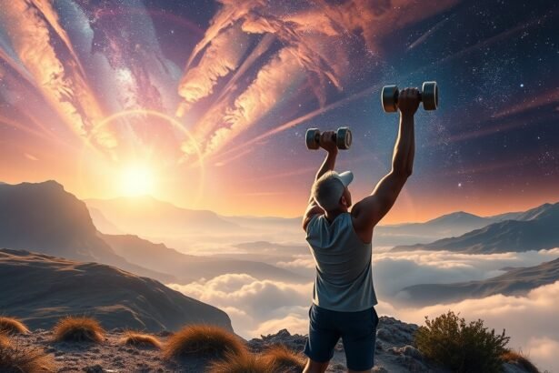 Férfi súlyzóval a kezében a hegytetőn napfelkeltével a háttérben.