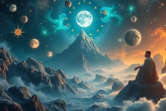 Egy férfi álmodik a hegyek között, miközben a bolygók és csillagok ragyognak a háttérben.