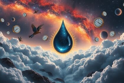 Álomszerű táj, cseppek és óra szimbólumok az égen.