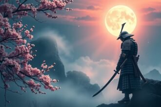 Szamuráj áll egy sziklán a telihold fényében, cseresznyefák között.