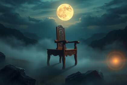 Varázslatos széke egy elhagyatott tájon, teliholddal.