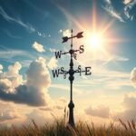 Szélkakas napfényben a felhők között.