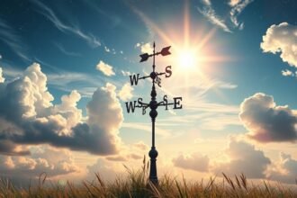 Szélkakas napfényben a felhők között.