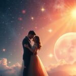 Pár ölelkezik a csillagos ég alatt, vágyakozó romantika.