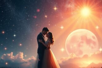 Pár ölelkezik a csillagos ég alatt, vágyakozó romantika.