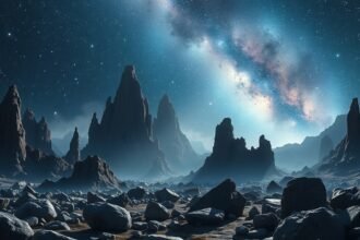 Sziklás táj csillagokkal az éjszaka égboltján