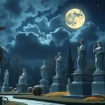 Álombeli szobrok a holdfényben, sejtekkel teli kertben.