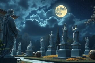 Álombeli szobrok a holdfényben, sejtekkel teli kertben.