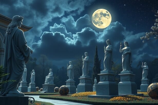 Álombeli szobrok a holdfényben, sejtekkel teli kertben.