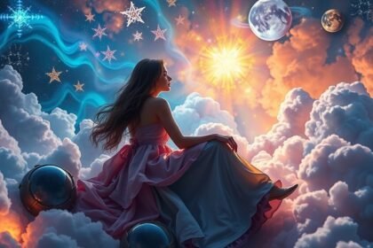 Nő álmodik szoknyában egy varázslatos felhőn a csillagok alatt.