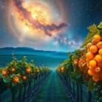 Szőlőültetvény éjjeli fényekkel és csillagokkal az égen.