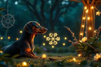 Tacskó a gyönyörű kertben, lámpásokkal és virágokkal.