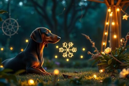 Tacskó a gyönyörű kertben, lámpásokkal és virágokkal.