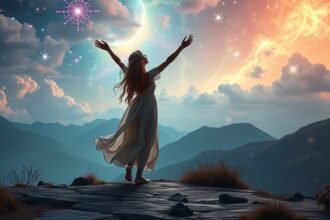 Nő táncol a hegyekben a csillagok fényénél álomfejtés során.