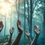 Emberek kezei tapsot adnak egy erdőben, napfényben.