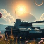 Egy tank a virágok között egy álomszerű tájban.