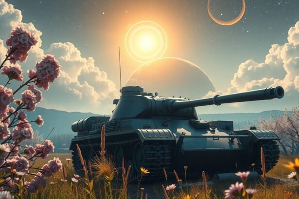 Egy tank a virágok között egy álomszerű tájban.