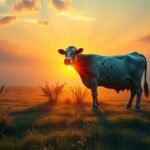 Tehén a naplementében, bőséget és stabilitást szimbolizálva.
