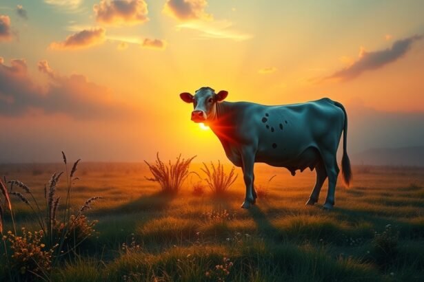 Tehén a naplementében, bőséget és stabilitást szimbolizálva.