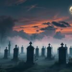 Éjszakai temető holdfénynél, ködben álló sírokkal.