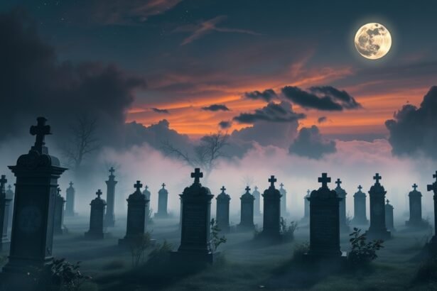 Éjszakai temető holdfénynél, ködben álló sírokkal.