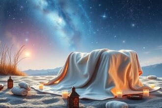 Mesés táj egy törölközővel borított tárggyal és gyertyákkal