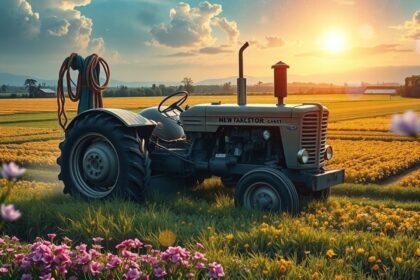 Traktor egy virágos mezőn naplementében, álomfejtés szimbólumai.