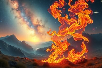 Lángoló tűz egy hegyi tájban csillagok alatt.