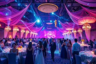 Elegáns ünnepi esemény színes világítással és díszítéssel.