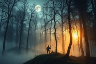 Vadász a ködös erdőben, telihold alatt álomfejtés szimbolikával.
