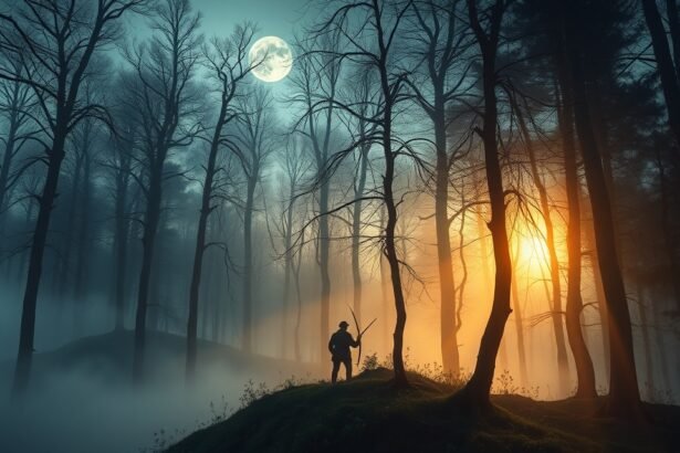 Vadász a ködös erdőben, telihold alatt álomfejtés szimbolikával.