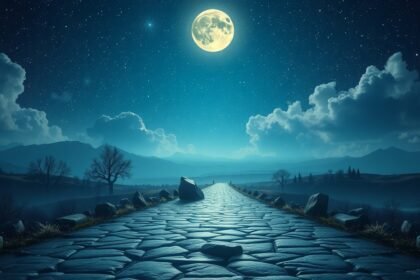 Éjszakai táj holdfénnyel, kanyargós úttal és csillagokkal.
