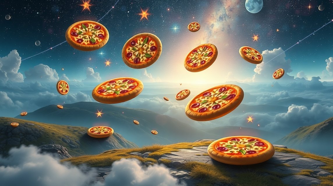 Pizzák lebegnek a felhők felett egy csillagos ég alatt