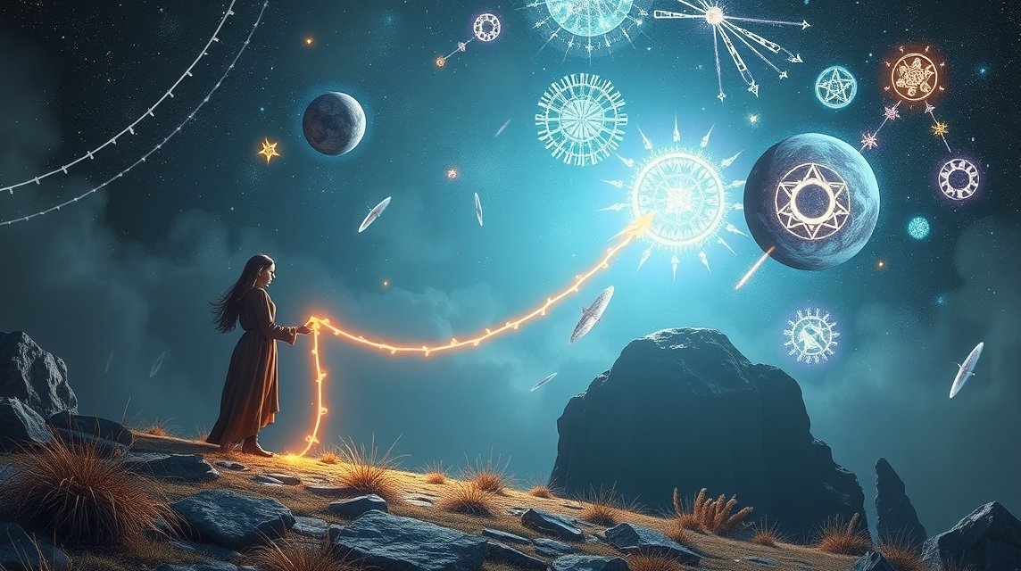 Álmodozó nő, aki egy pórázon keresztül az univerzummal kapcsolatot teremt.