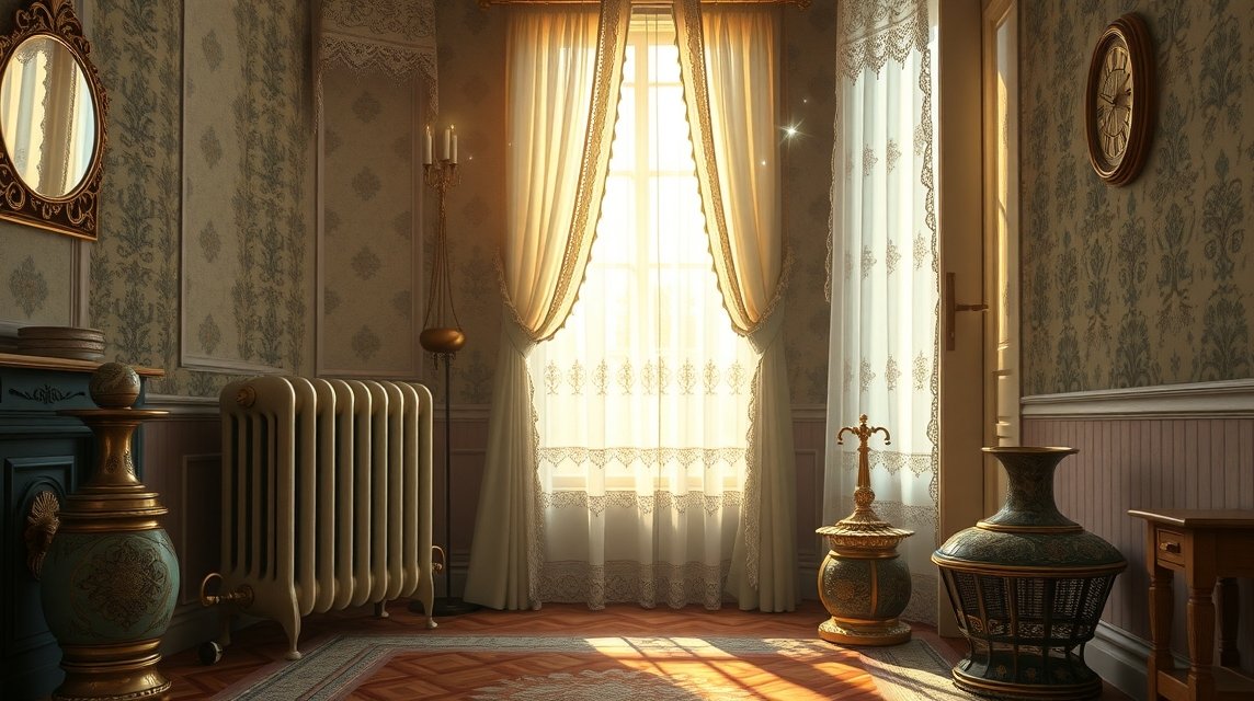 Harmonikus szoba radiátorral, napfényben, meleg érzéseket keltve.