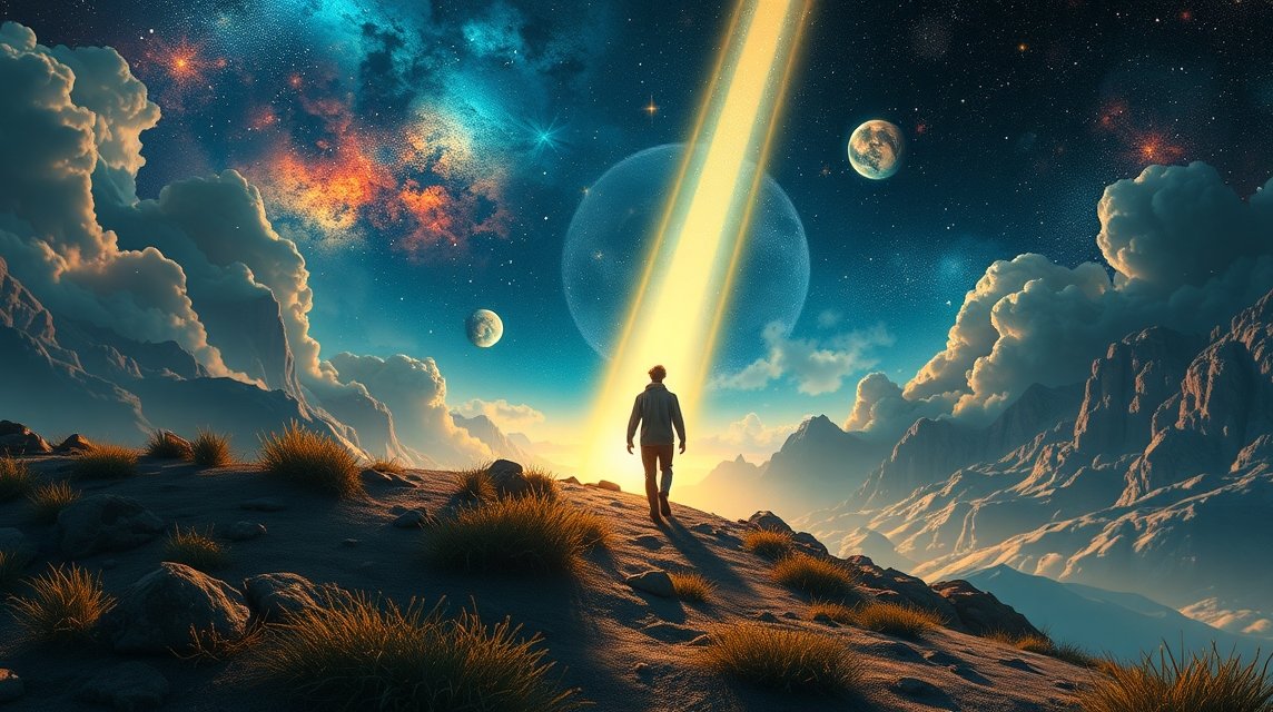 Emberi alak reflektorból érkező fénnyel az űrben