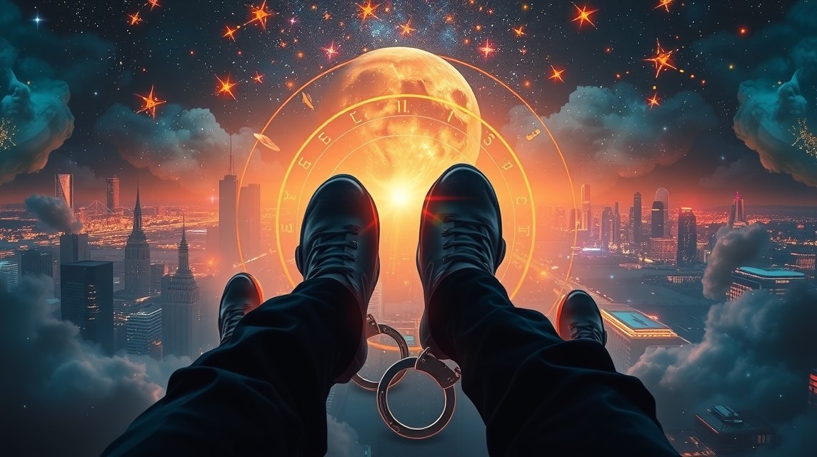 Egy ember lábai bilincsben, a város fölött, álomképek a háttérben.