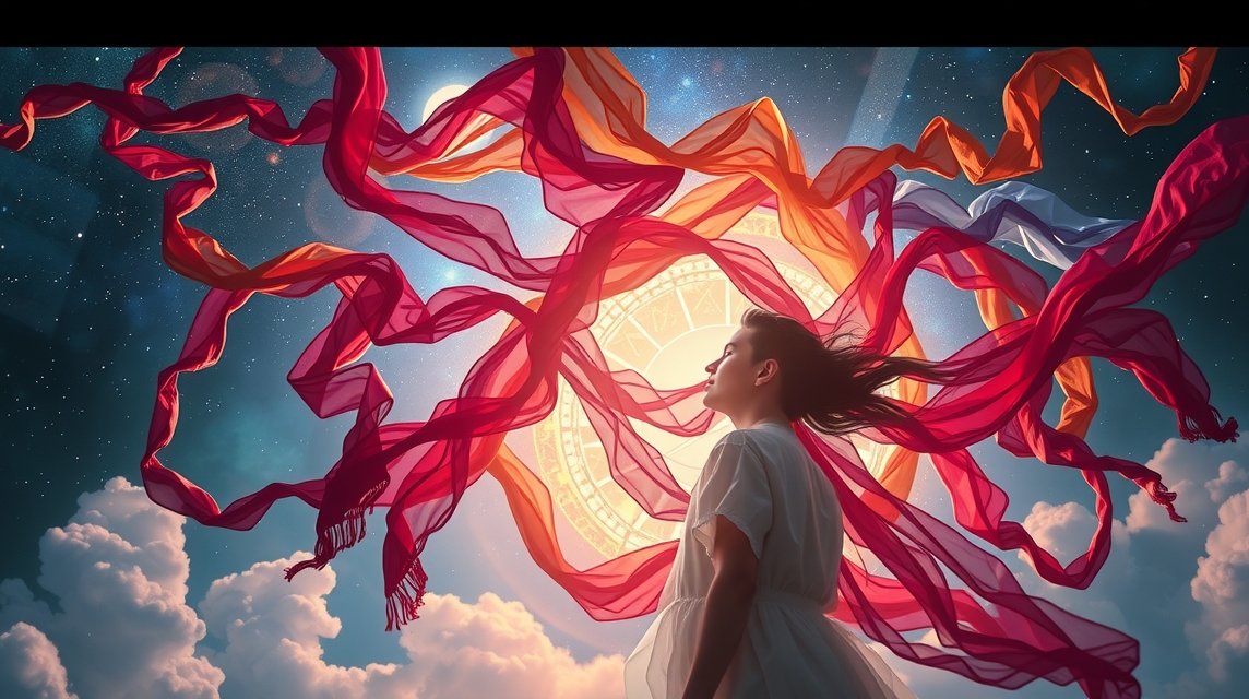 Mit jelent rongyokkal álmodni? – Részletes álomfejtés és értelmezés. Álmodozó nő színes rongyokkal a csillagos ég alatt.