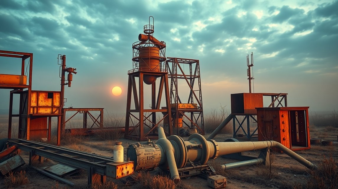 Rozsdás ipari berendezések a naplementében