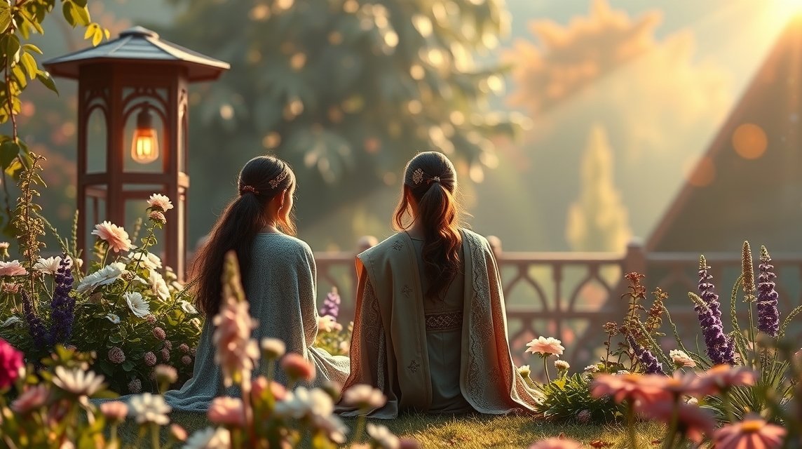 Két nő a virágok között, álmodozva a családi kapcsolatok jelentéséről