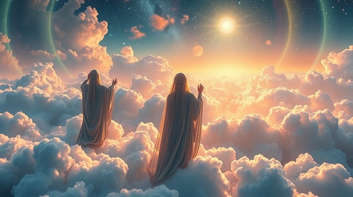 Álmodozó alakok a felhők között naplementében