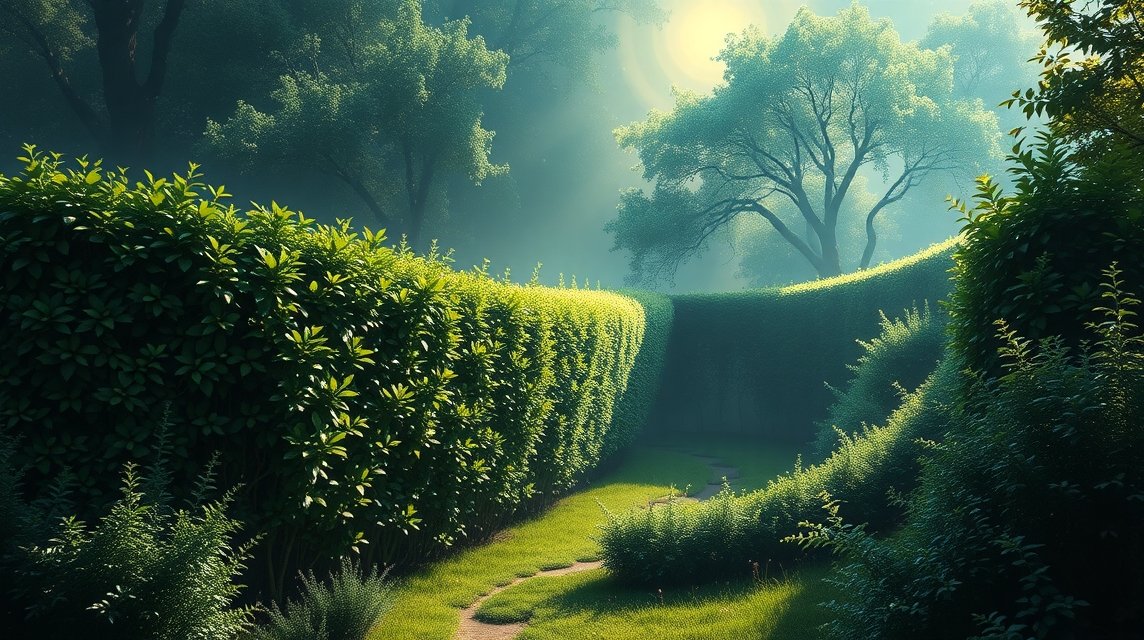 Zöld sövény egy csendes kertben a hajnali fényben.