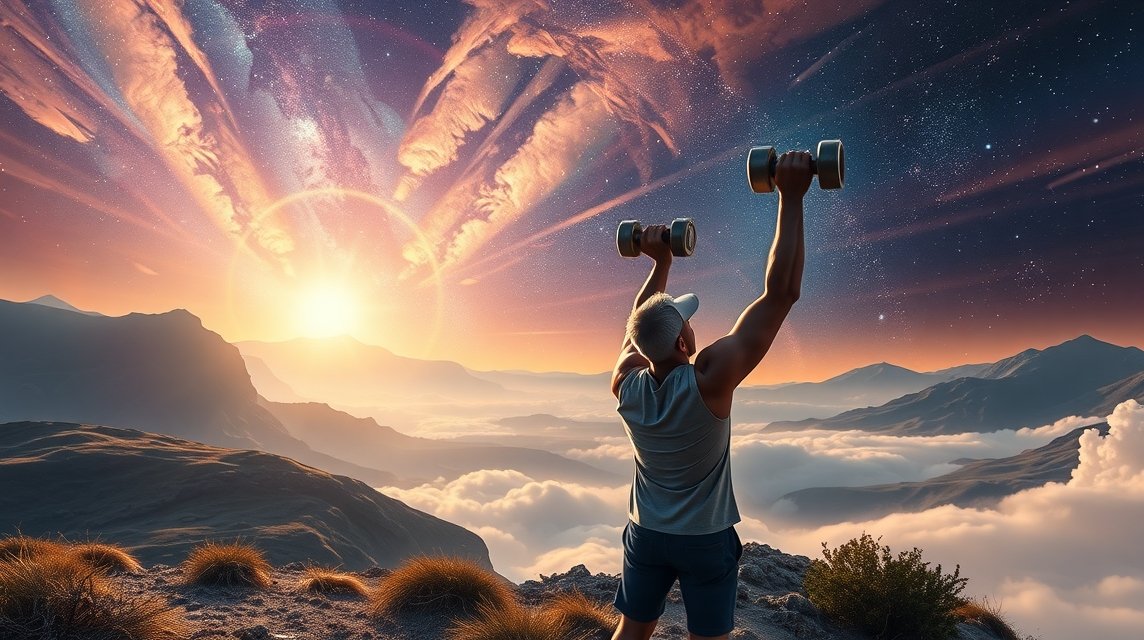Férfi súlyzóval a kezében a hegytetőn napfelkeltével a háttérben.