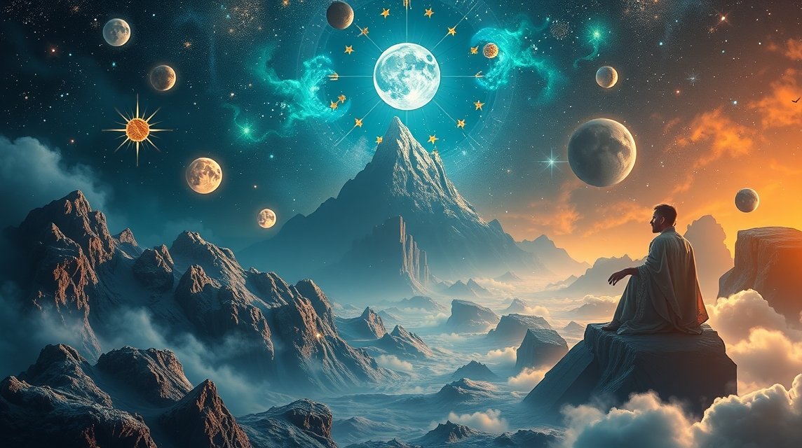 Egy férfi álmodik a hegyek között, miközben a bolygók és csillagok ragyognak a háttérben.