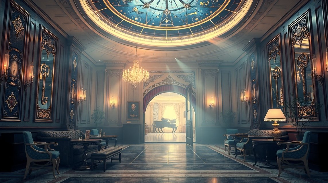 Luxus szálloda elegáns belső tér, álomfejtés szimbólumokkal.