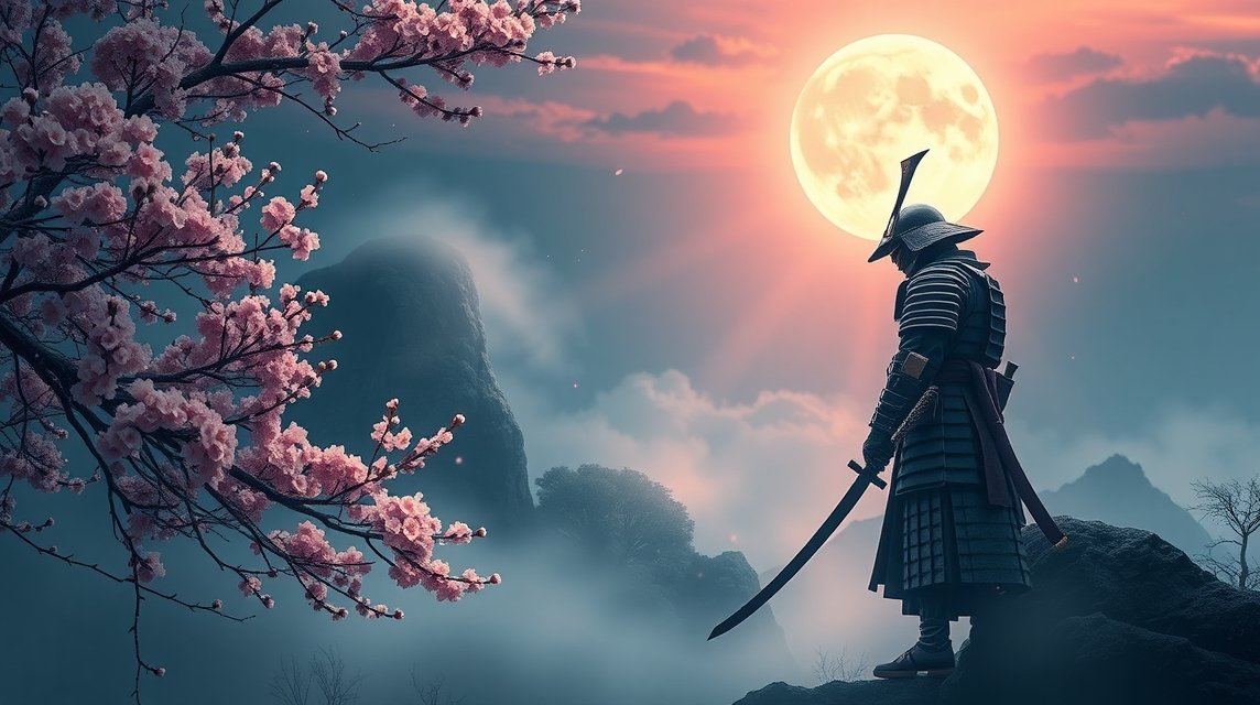 Szamuráj áll egy sziklán a telihold fényében, cseresznyefák között.