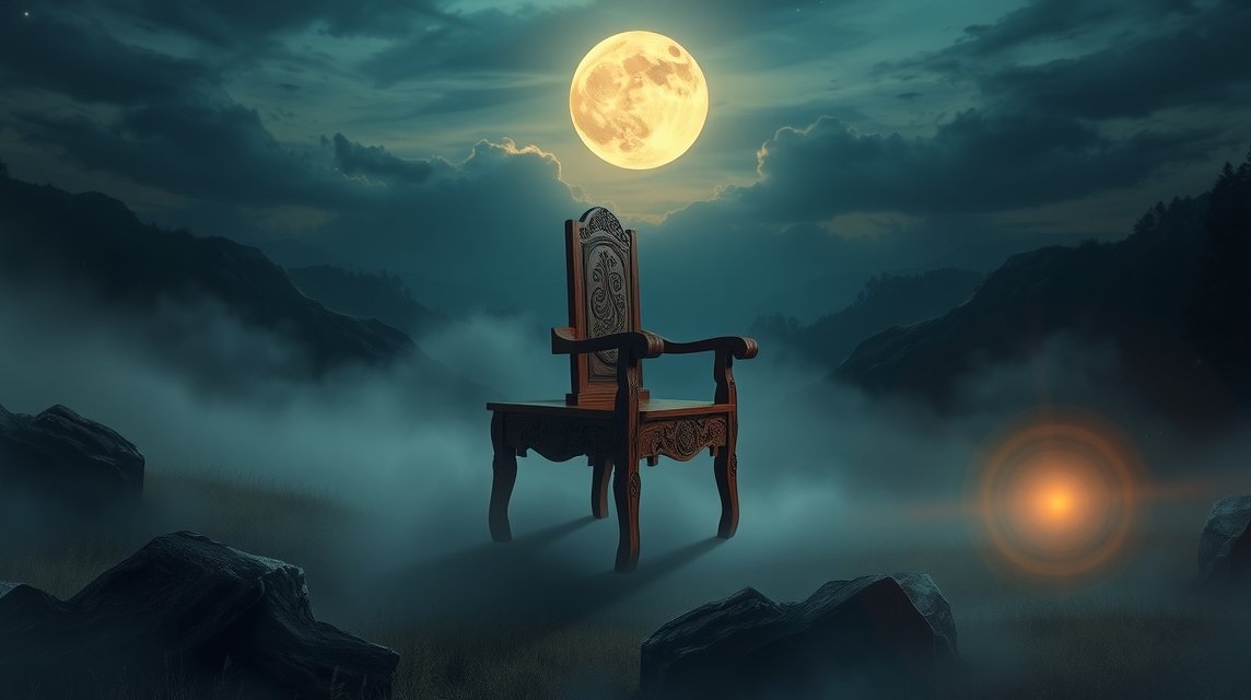 Varázslatos széke egy elhagyatott tájon, teliholddal.