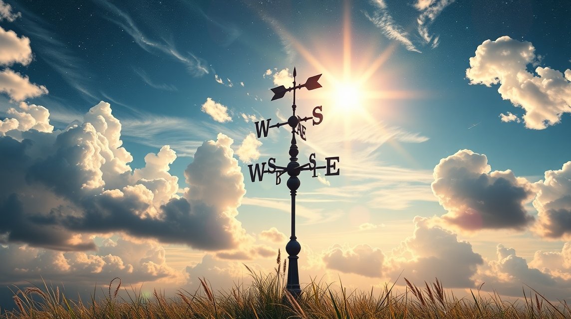 Mit jelent szélkakassal álmodni? – Részletes álomfejtés és értelmezés. Szélkakas napfényben a felhők között.